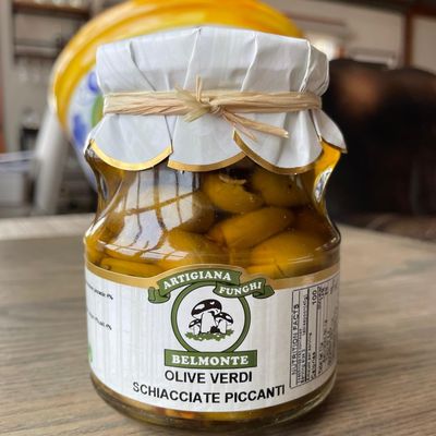 Belmonte Spicy Pitted Calabrese Green Olives - Authentic Italian Flavor from Calabria, Perfect for Appetizers & Cocktails, 10oz Jar