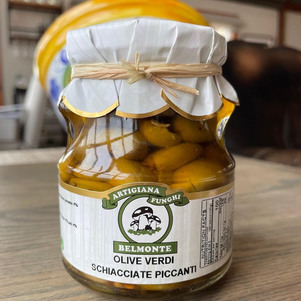 Belmonte Spicy Pitted Calabrese Green Olives - Authentic Italian Flavor from Calabria, Perfect for Appetizers & Cocktails, 10oz Jar