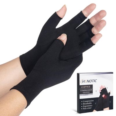 HENOTIC Arthritis Compression Gloves for Women Men, Fingerless Breathable & Moisture Wicking Compression Gloves for Relieving Carpal Tunnel Aches, Rheumatoid Pains, Joint Swell Black L