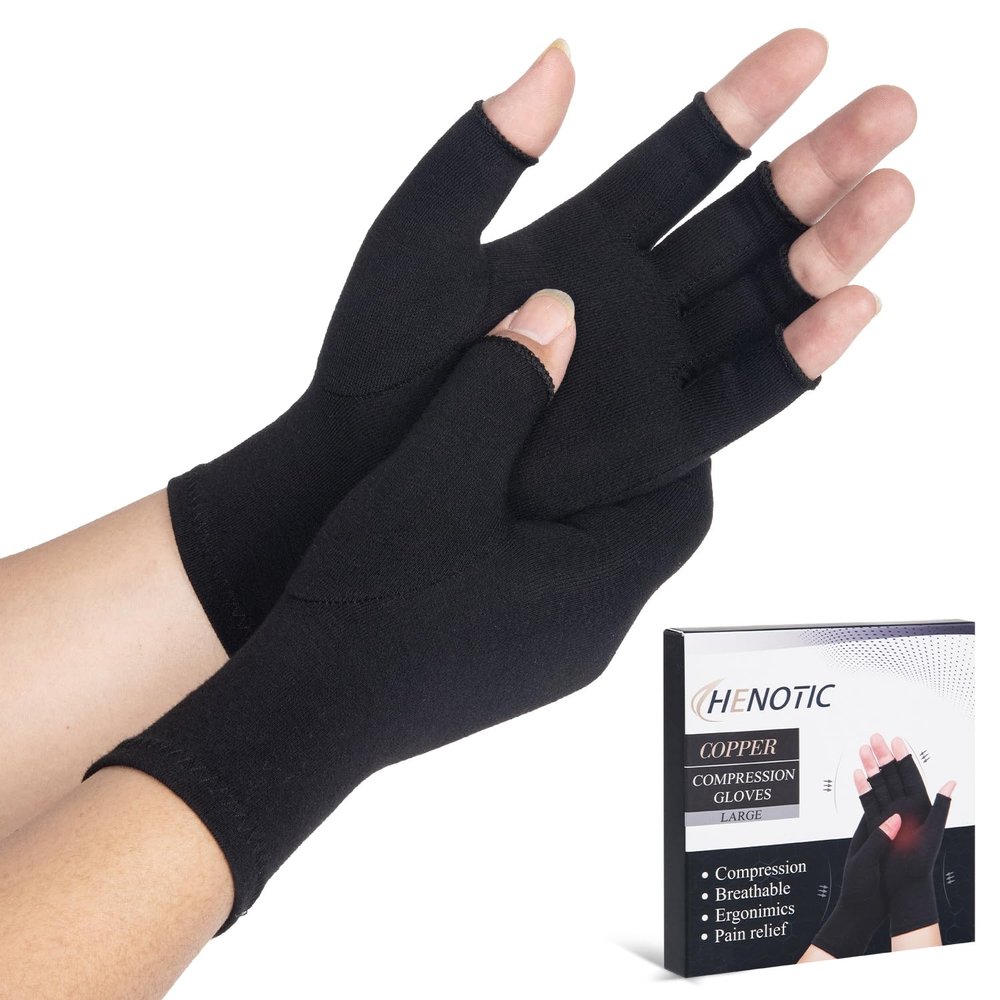 HENOTIC Arthritis Compression Gloves for Women Men, Fingerless Breathable & Moisture Wicking Compression Gloves for Relieving Carpal Tunnel Aches, Rheumatoid Pains, Joint Swell Black L
