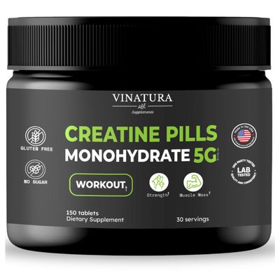 VINATURA Creatine Monohydrate Pills 5g - creatine Tablets, creatine Pills for Men, Women, creatina en capsulas *USA Made & Tested* Unflavored, creatine monohydrate Powder alt, 150 Tablets 30 Servings