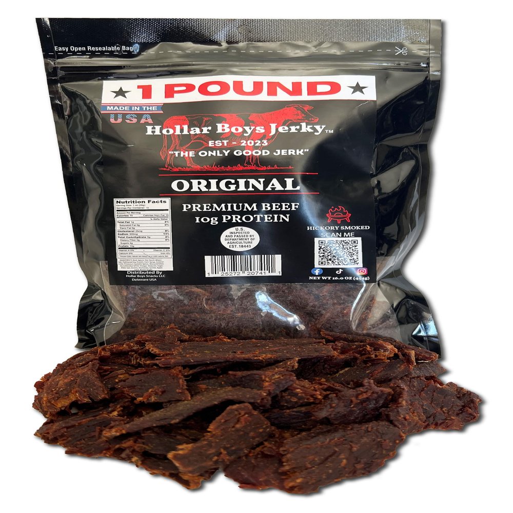 Hollar Boys Snacks Original Beef Jerky One Pound Resealable Bag, Low Carb, USA Made