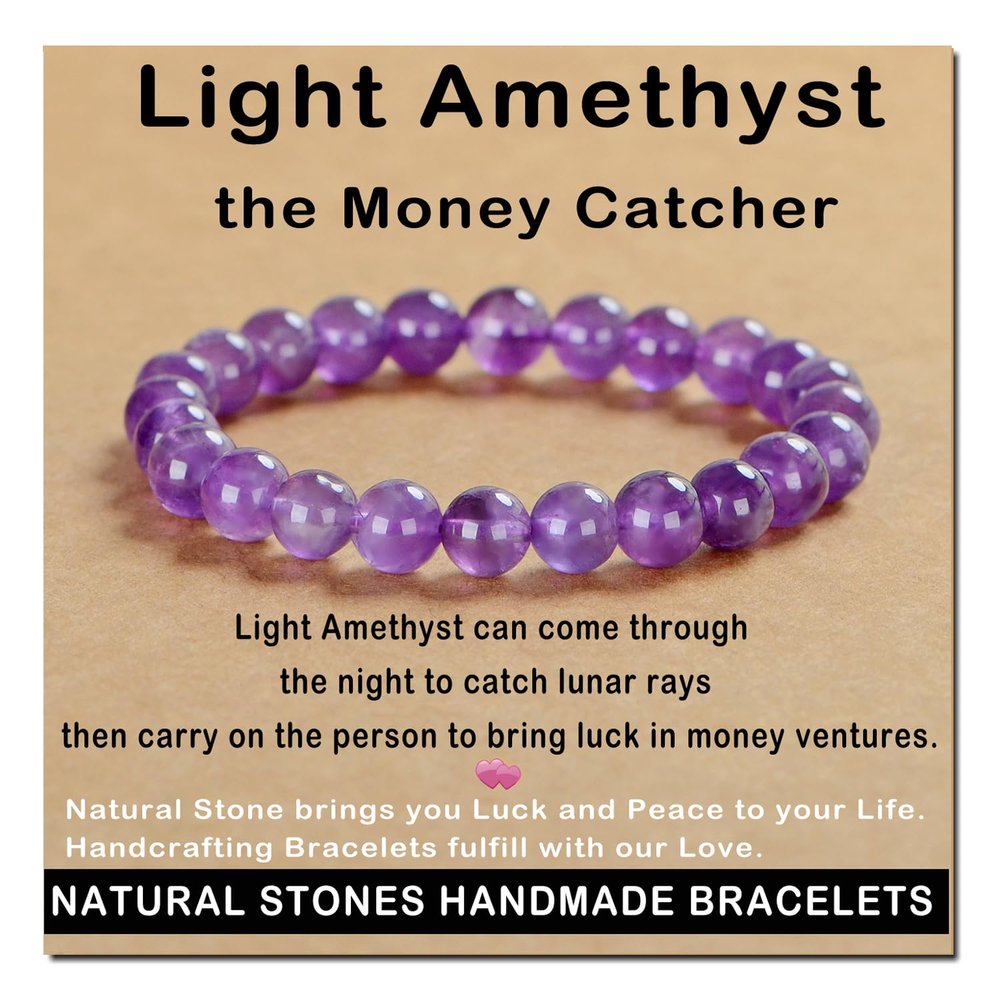 AD Beads Handmade Gemstone Stretch Elastic Bracelet Crystal Healing Reiki Nature's Beauty and Spiritual Essence Unisex (8mm, Purple Amethyst)