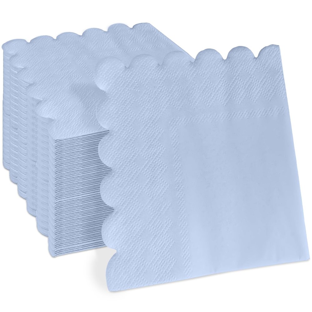 100 Pcs 2-ply Blue Scalloped Sage Cocktail Napkins Thick Paper Napkins Disposable Party Napkins Beverage Napkins for Birthday, Wedding,Anniversary Party, Baby Shower 5 x 5 Inches (Light Blue)