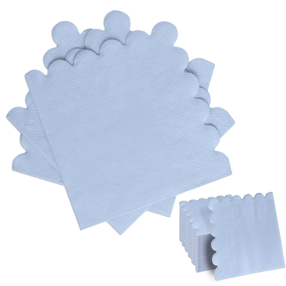 50 Pcs 3-ply Blue Scalloped Sage Cocktail Napkins Thick Paper Napkins Disposable Party Napkins Beverage Napkins for Birthday, Wedding,Anniversary Party, Baby Shower 5 x 5 Inches (Light Blue)