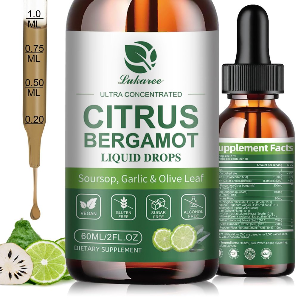 Citrus Bergamot + Soursop Liquid Drops with Garlic, Olive Leaf, Vitamin C D3, Black Pepper for Enhanced Absorption, Herbal Wellness Supplement for Cholesterol, Heart, Digestive & Immune, 2 Fl Oz