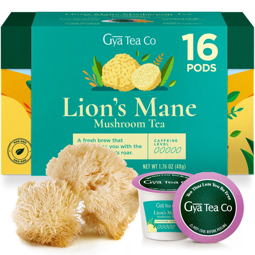Gya Tea Co Lion's Mane Mushroom Tea Gift Set (16 Count) - Decaf Tea Pod for Lovers Get Well Gifts - Manually Harvested - Enjoy Hot or Iced