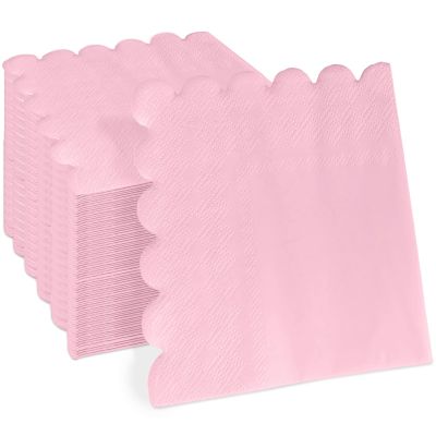 100 Pcs 2-ply Pink Scalloped Sage Cocktail Napkins Thick Paper Napkins Disposable Party Napkins Beverage Napkins for Birthday, Wedding,Anniversary Party, Baby Shower 5 x 5 Inches (Light Pink)