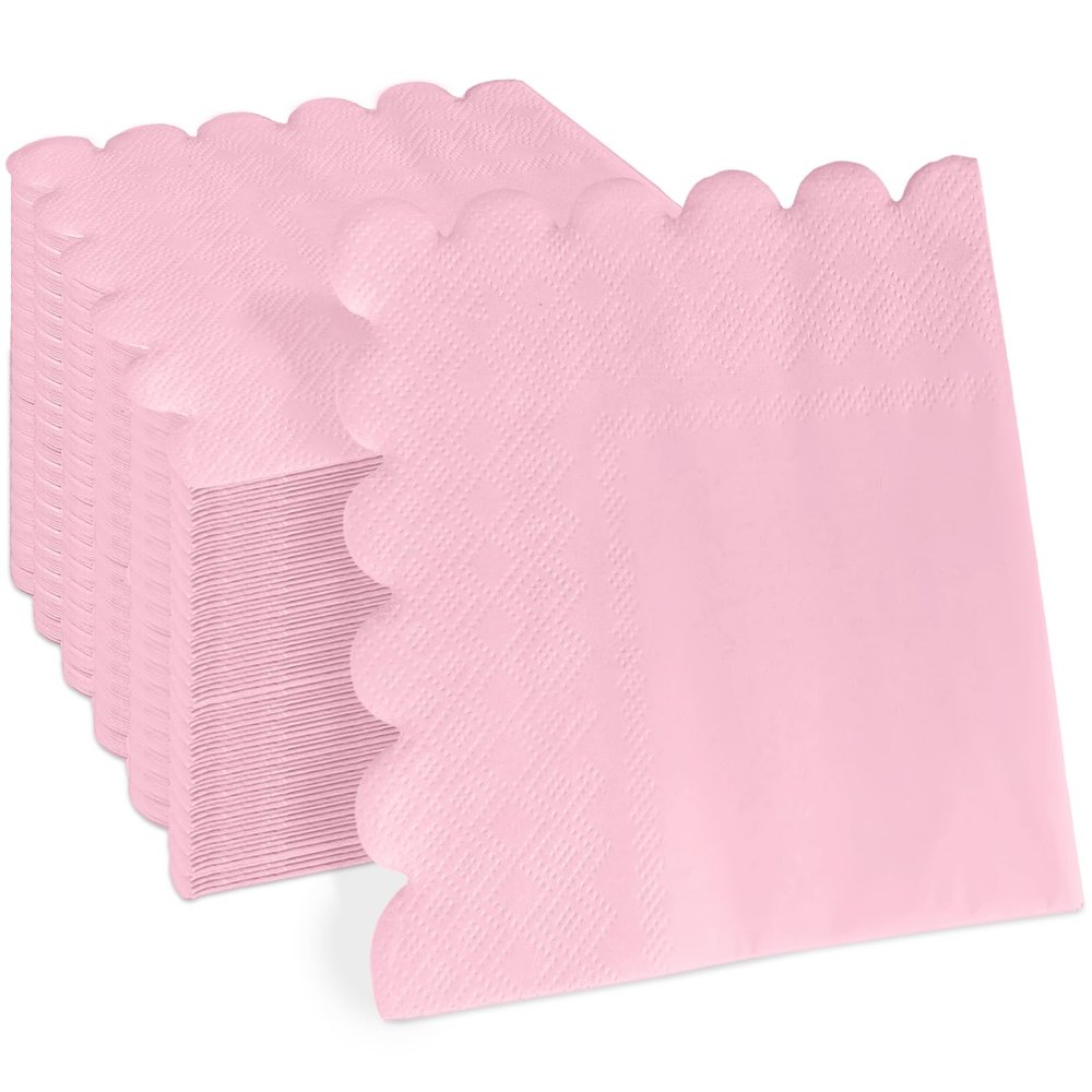 100 Pcs 2-ply Pink Scalloped Sage Cocktail Napkins Thick Paper Napkins Disposable Party Napkins Beverage Napkins for Birthday, Wedding,Anniversary Party, Baby Shower 5 x 5 Inches (Light Pink)