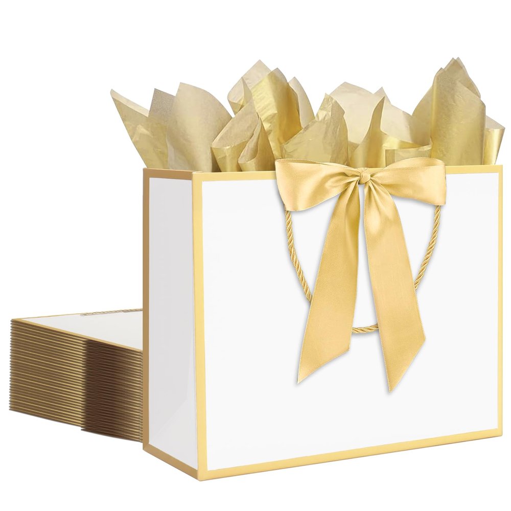 12 pcs White Gift Bags with Handles 12.6x4.5x10 Inches Large Paper Bags with Bow Ribbon and Tissue Paper Gift Wrap Bags for Birthday Bridesmaid Party Wedding Baby Shower Valentines, White-Gold