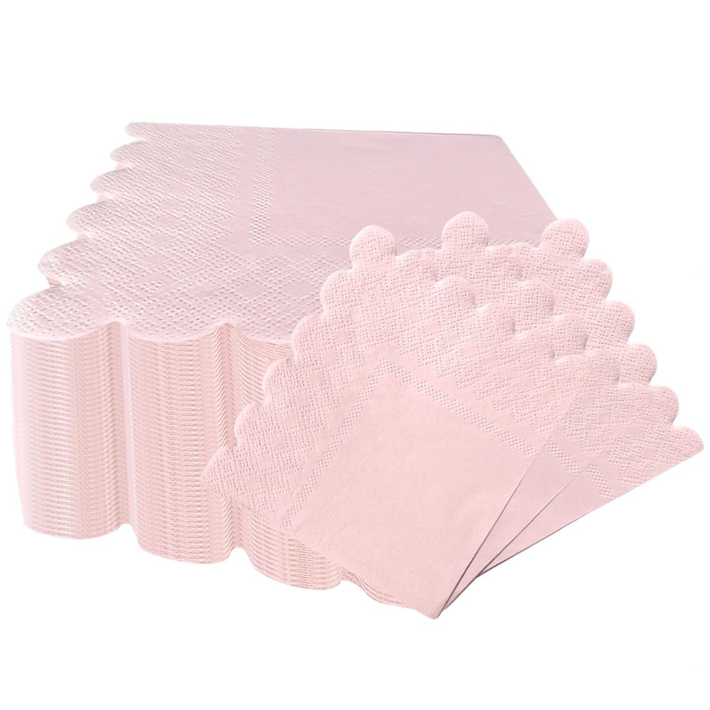 100 Pieces 2-ply Light Pink Napkin Disposable Scalloped Cocktail Napkins Beverage Napkins Dessert Napkins Paper Napkins for Wedding Birthday Party Paper Dinner Napkins Suitable for Party Supplies