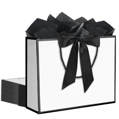 12 pcs White Gift Bags with Handles 12.5x4.5x10 Inches Large Paper Bags with Bow Ribbon and Tissue Paper Gift Wrap Bags for Birthday Bridesmaid Party Wedding Baby Shower Valentines, White-Black