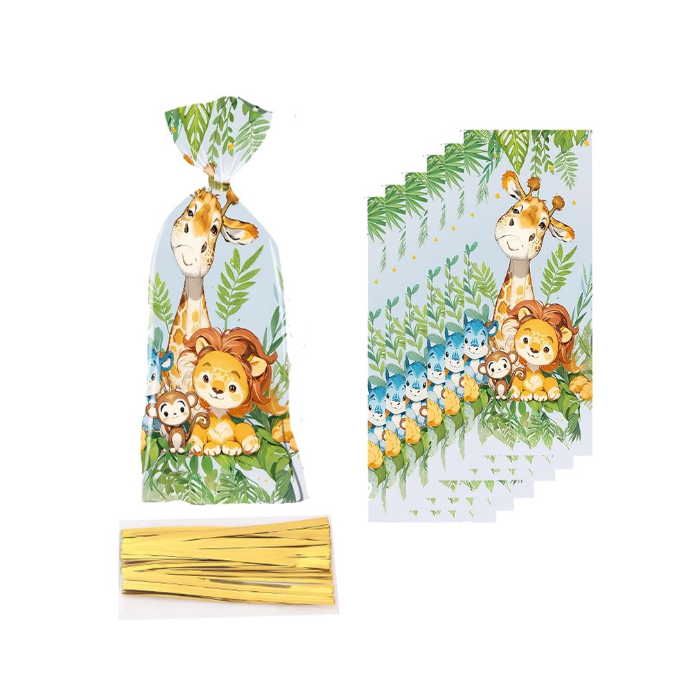 50PCS Safari Cellophane Treat Bags - Cute Jungle Animals Party Favor - Zoo Animals Print Gift Bags for Baby Shower, Wedding, Birthday - Jungle Themed Party Supplies