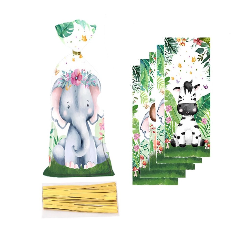CSTYWC 50 Pcs Safari Animal Plastic Goody Treat Bags - Cellophane Gift Bags with Ribbons for Favors - Safari Jungle Theme Party Supplies for Birthday Party