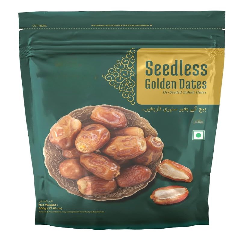Generic Seedless Golden Dates with Dietary Fiber & Protein, Pack of Cholesterol Free Nutritious & Fresh Dried Khajoor - 500g