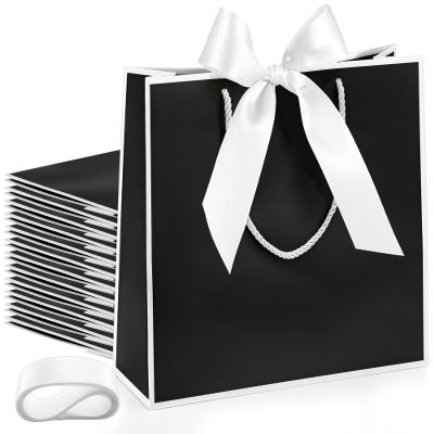 Silkfly Thank You Gift Bags with Handle 12x10x4'' Welcome Return Gifts Bag with Bow Ribbon for Wedding Bridesmaid Baby Shower Birthday Housewarming Employee Appreciation Day(Black and White,12 Pcs)