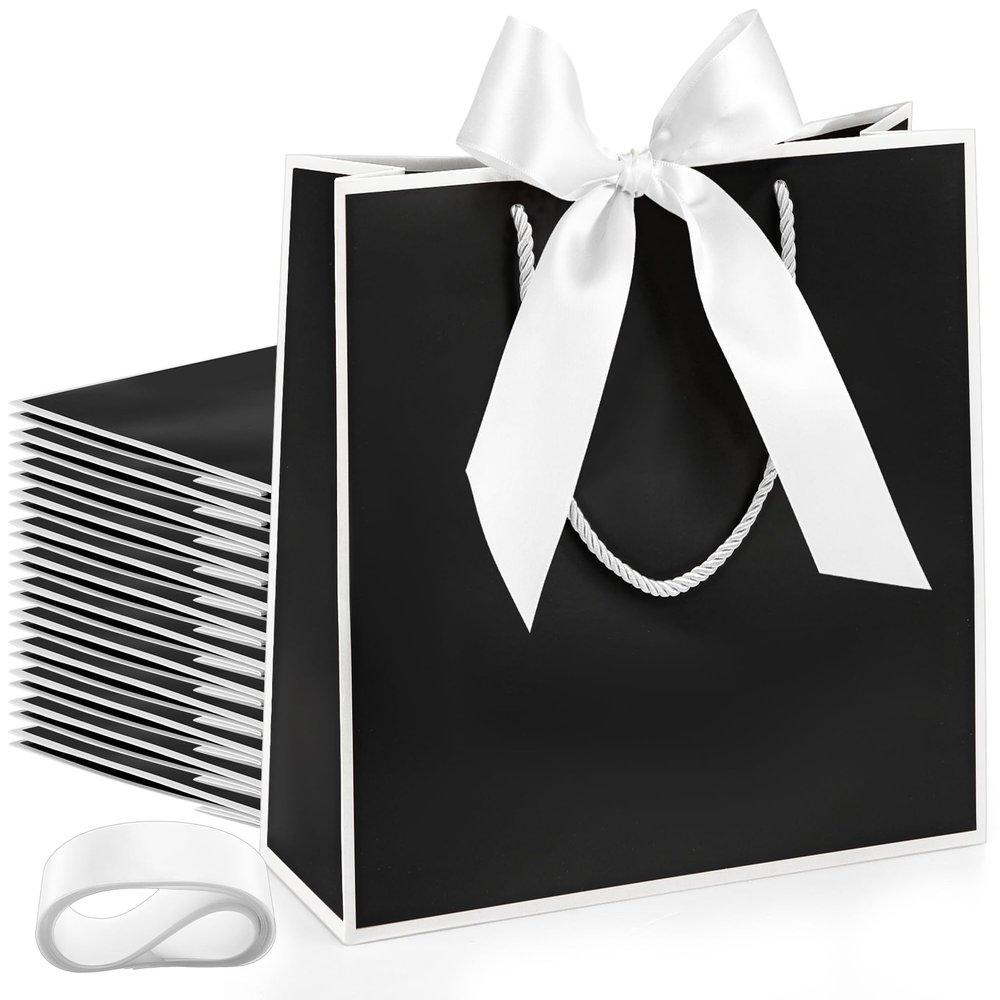 Silkfly Thank You Gift Bags with Handle 12x10x4'' Welcome Return Gifts Bag with Bow Ribbon for Wedding Bridesmaid Baby Shower Birthday Housewarming Employee Appreciation Day(Black and White,12 Pcs)