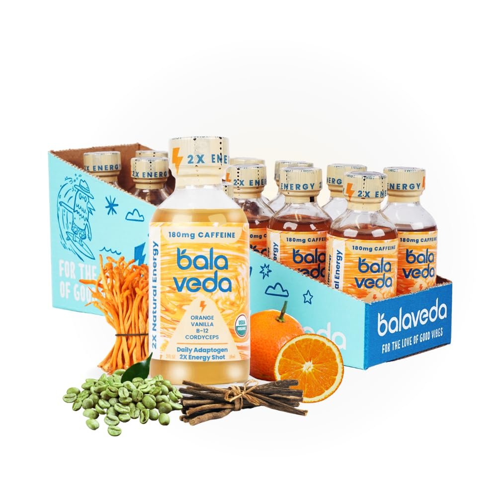 balaveda Supersonic Citrus USDA Organic Energy Shot Orange Vanilla Flavor with 180mg Clean Caffeine, Cordyceps, L-Theanine, and Vitamin B12 2oz Bottles (Pack of 12)