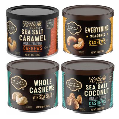 Whole Cashews Private Selection sea salt Carmel, Coconut, Everything Seasoned Kettle cooked nuts 8oz, (Pack of 4)