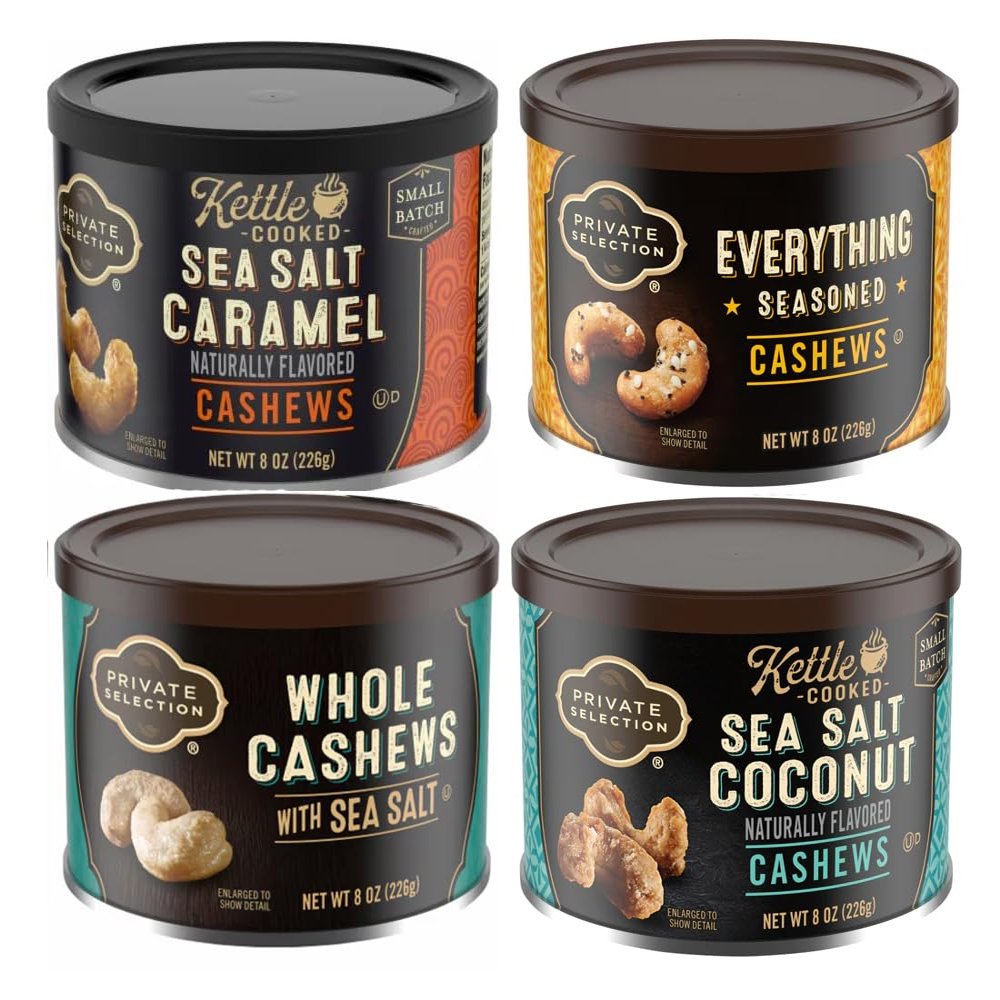 Whole Cashews Private Selection sea salt Carmel, Coconut, Everything Seasoned Kettle cooked nuts 8oz, (Pack of 4)