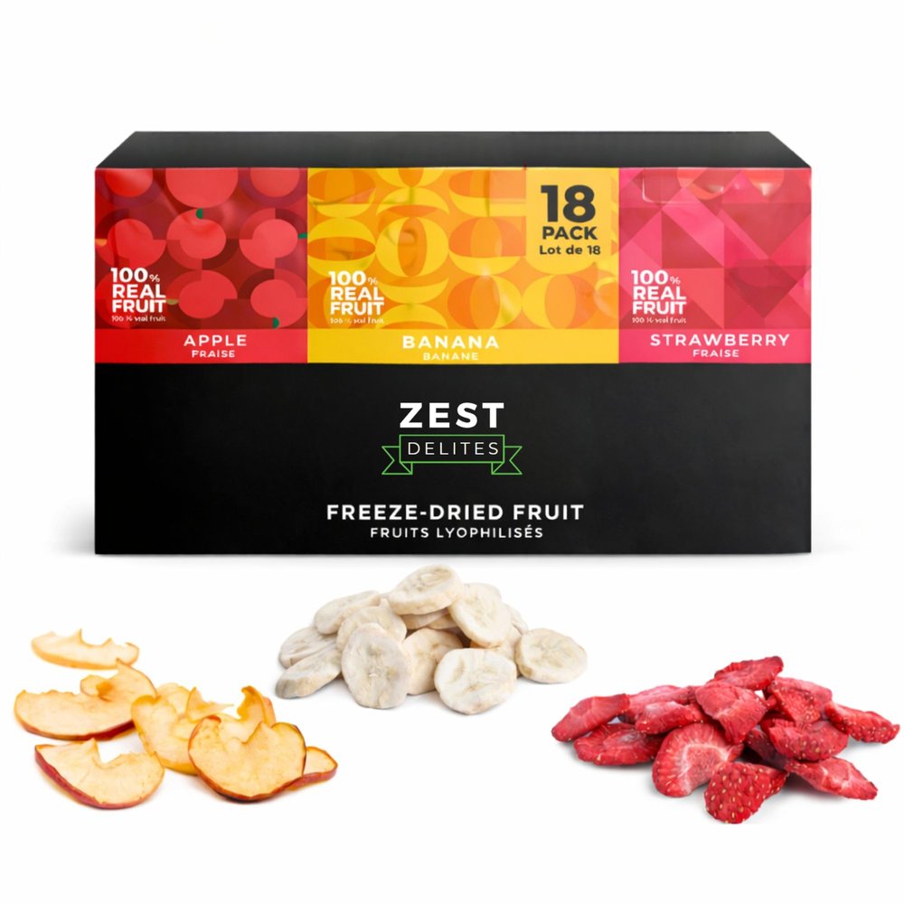Zest Delites Freeze Dried Fruit Bulk Pack (9.54 Oz), Freeze Dried Strawberries, Bananas, Apple Chips, Healthy Dehydrated Fruit Crisps Variety Pack, No Sugar Added, No Additives, 0.53 Oz x 18 Packs