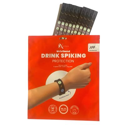 Drink Check Wristband Roofie Test by Xantus | Spiked Drink Wristband Tester Detects GHB Within 10 Seconds Test Your Drink | Spiking Protection Detector Made in USA | (100 Black Wristbands 400 Tests)