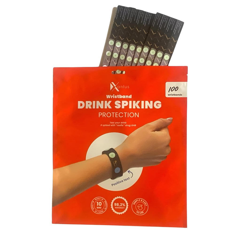 Drink Check Wristband Roofie Test by Xantus | Spiked Drink Wristband Tester Detects GHB Within 10 Seconds Test Your Drink | Spiking Protection Detector Made in USA | (100 Black Wristbands 400 Tests)