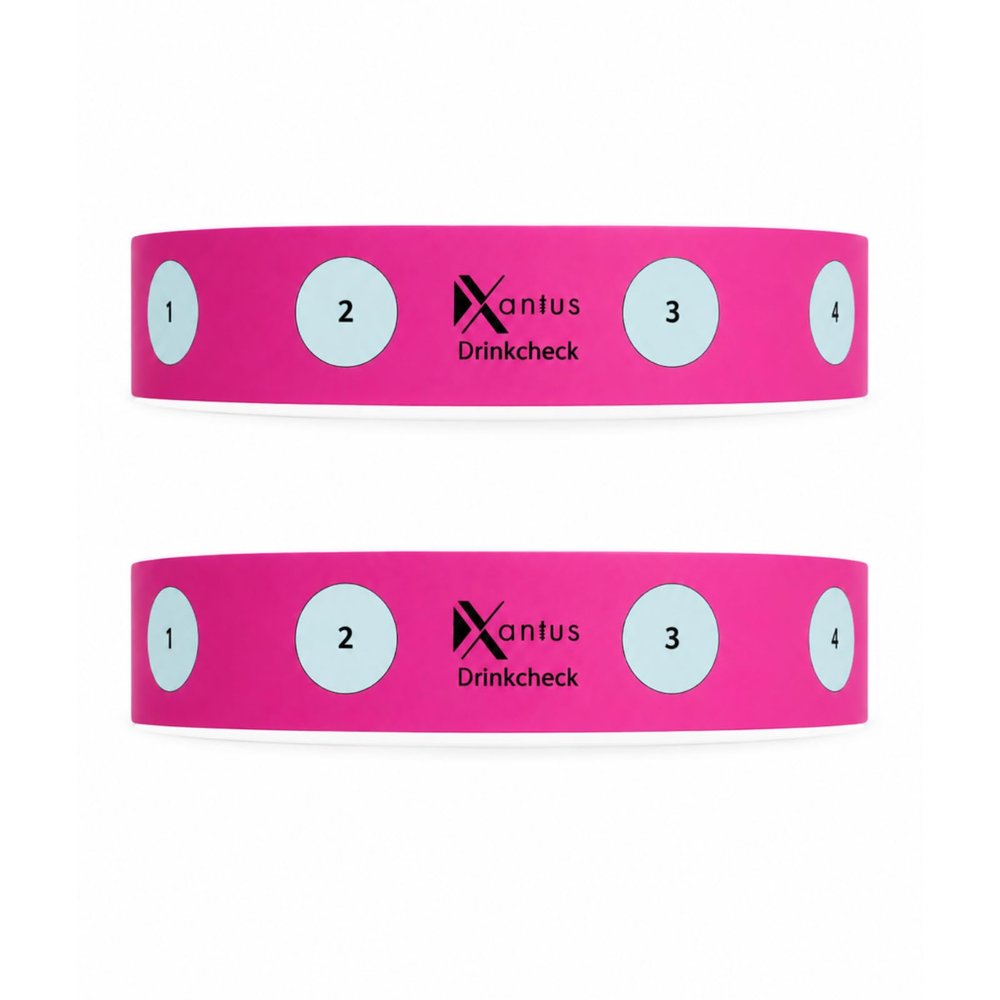 Drink Check Wristband Roofie Test by Xantus | Spiked Drink Wristband Tester Detects GHB Within 10 Seconds Test Your Drink | Spiking Protection Detector Made in USA | (2 Pink Wristbands 8 Tests)