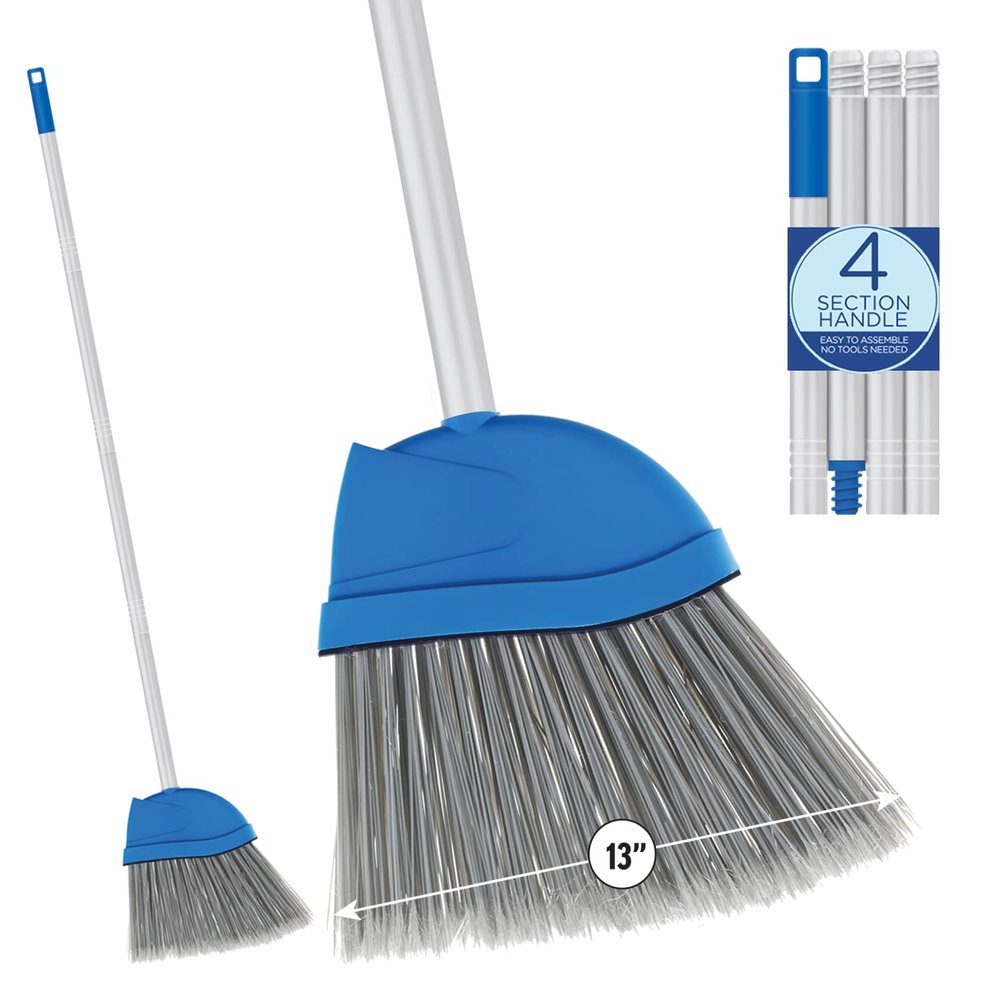 Angle Broom, 13" W Head, Large Style, Made w/Recycled Soda Bottle Bristles, & Aluminum, Includes Swivel Hang Cap for Storage -by LOLA, 1 Pack