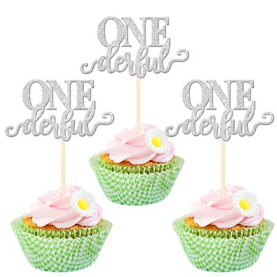 24 PCS Onederful Cupake Toppers Glitter First Birthday Miss Onederful Cupcake Picks Gender Reveal Cupcake Decorations for Baby Shower Kids 1st Birthday Party Cake Decorations Supplies Silver