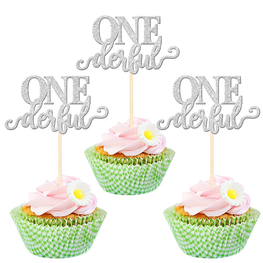 24 PCS Onederful Cupake Toppers Glitter First Birthday Miss Onederful Cupcake Picks Gender Reveal Cupcake Decorations for Baby Shower Kids 1st Birthday Party Cake Decorations Supplies Silver