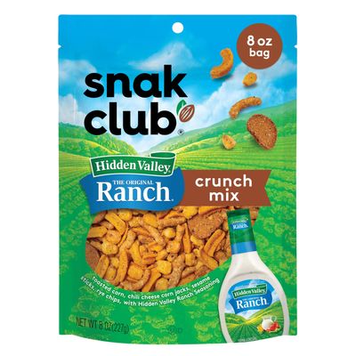 Snak Club Crunch Mix with Hidden Valley Ranch Seasoning, Toasted Corn, Chili Cheese Corn Jacks, Sesame Sticks, and Rye Chips, Kosher Snack, 8 oz Resealable Bag