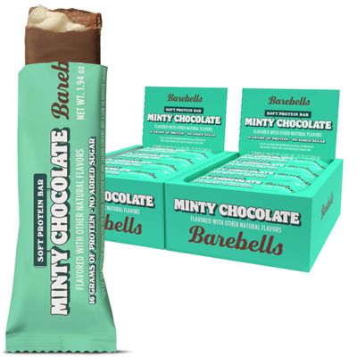 BAREBELLS Soft Protein Bars Minty Chocolate - 12 Count, 1.9oz Bars - Protein Snacks with 16g of High Protein - Chocolate Protein Bar with 2g of Total Sugars - Soft Protein Snack & Breakfast Bars