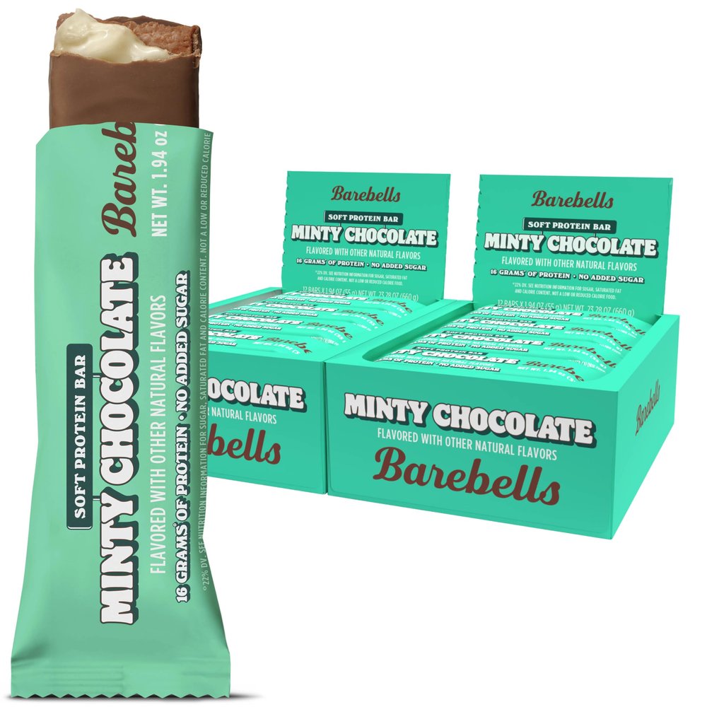 BAREBELLS Soft Protein Bars Minty Chocolate - 12 Count, 1.9oz Bars - Protein Snacks with 16g of High Protein - Chocolate Protein Bar with 2g of Total Sugars - Soft Protein Snack & Breakfast Bars