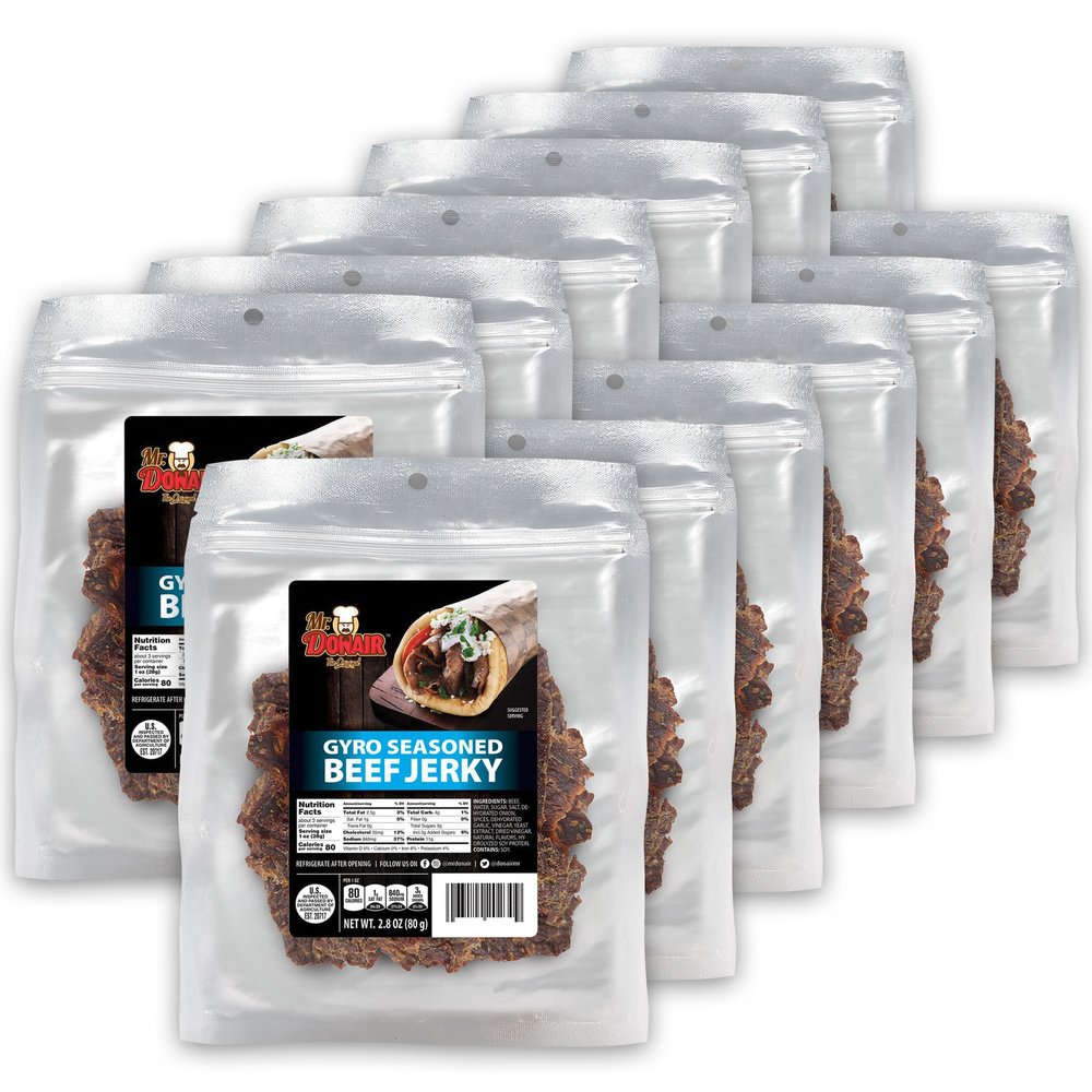 Mr. Donair Gyro Flavored Beef Jerky - Gluten-Free, Keto Friendly, Low Carb, High Protein Snack, 80 Calories + 11g Protein Per Bag - Authentic Greek Gyro Seasoning - 12 Pack, 2.8 oz Per Bag