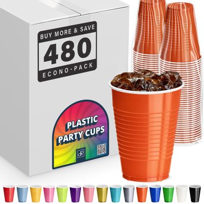 DecorRack 480 Party Cups 12 oz Disposable Plastic Cups for Birthday Party Bachelorette Camping Indoor Outdoor Events Beverage Drinking Cups (Orange, 480)
