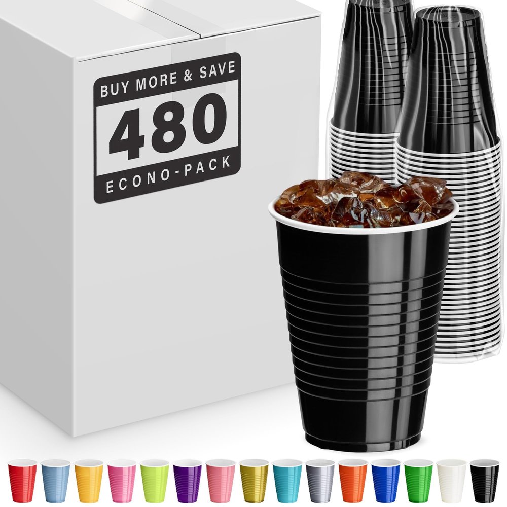DecorRack 480 Party Cups 12 oz Disposable Plastic Cups for Birthday Party Bachelorette Camping Indoor Outdoor Events Beverage Drinking Cups (Black, 480)