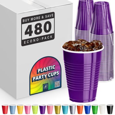 DecorRack 480 Party Cups 12 oz Disposable Plastic Cups for Birthday Party Bachelorette Camping Indoor Outdoor Events Beverage Drinking Cups (Purple, 480)
