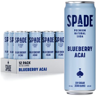 Spade Soda Blueberry Acai 12 Pack, Premium All-Natural, No Sugar, No Calories, Electrolytes, Magnesium, Potassium, Healthy Non GMO, Sweet Quality Stevia, No Artificial Sweeteners, Great Taste, Bold Taste