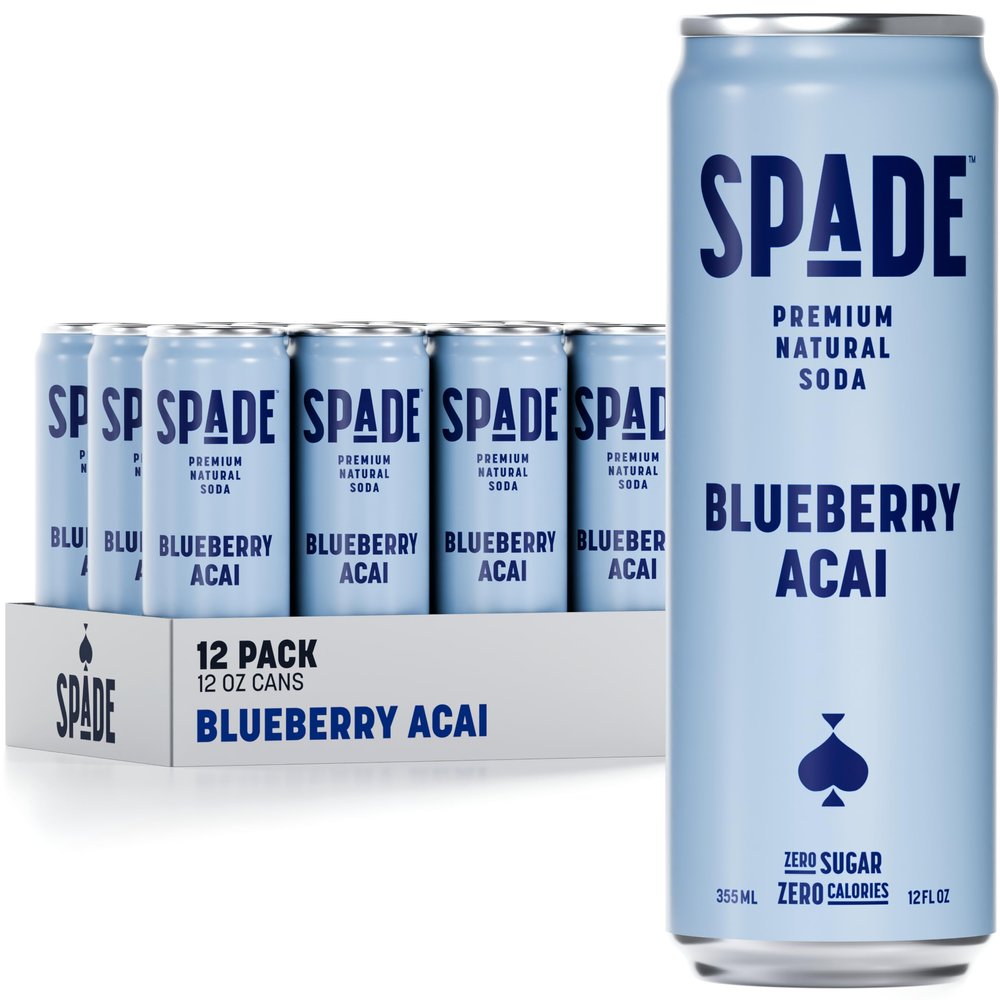 Spade Soda Blueberry Acai 12 Pack, Premium All-Natural, No Sugar, No Calories, Electrolytes, Magnesium, Potassium, Healthy Non GMO, Sweet Quality Stevia, No Artificial Sweeteners, Great Taste, Bold Taste
