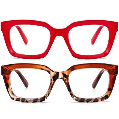 REAVEE 2 Pack Oprah Style Oversized Reading Glasses for Women Men Blue Light Blocking, Ladies Stylish Retro Square Large Computer Readers (Red/Brown Leopard 1.5x)