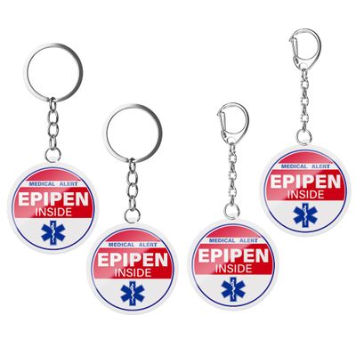 4 Pack Epipen Inside Medical Alert Keychain - Ultra-Bright Red Double-Sided Emergency Allergy ID Tags for Backpacks, EpiPen Cases & Bags - Star of Life Symbol, Secure Split Rings for Kids & Adults