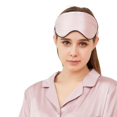 100% Mulberry Silk Sleep Mask for Women/Men Airplane Travel, Pure 22 Momme Silk Eye Mask Blackout for Sleeping, Ajustable, Luxury, Anti Wrinkle, Anti Aging Silk Blindfold, Made in USA (Pink)