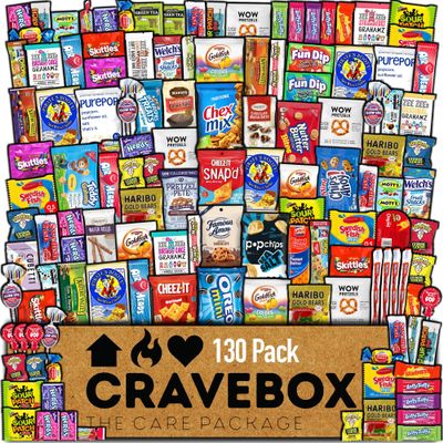 CRAVEBOX Snack Box (130 Count) Valentines Variety Pack Care Package Gift Basket Adult Kid Guy Girl Women Men Birthday College Student Office College Back to School