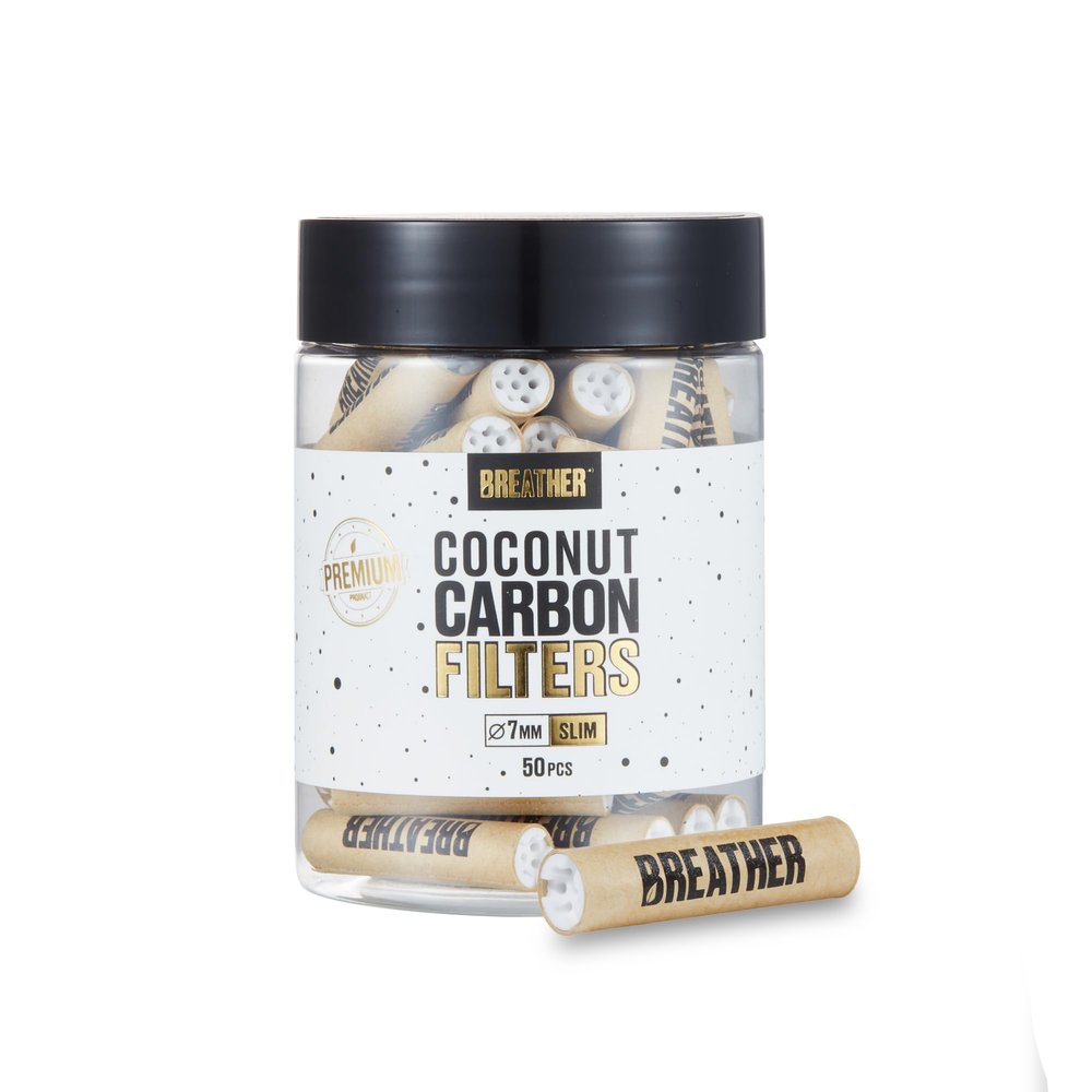 BREATHER - 50 pcs Slim 7 MM Coconut Activated Charcoal Filters with Ceramic Caps