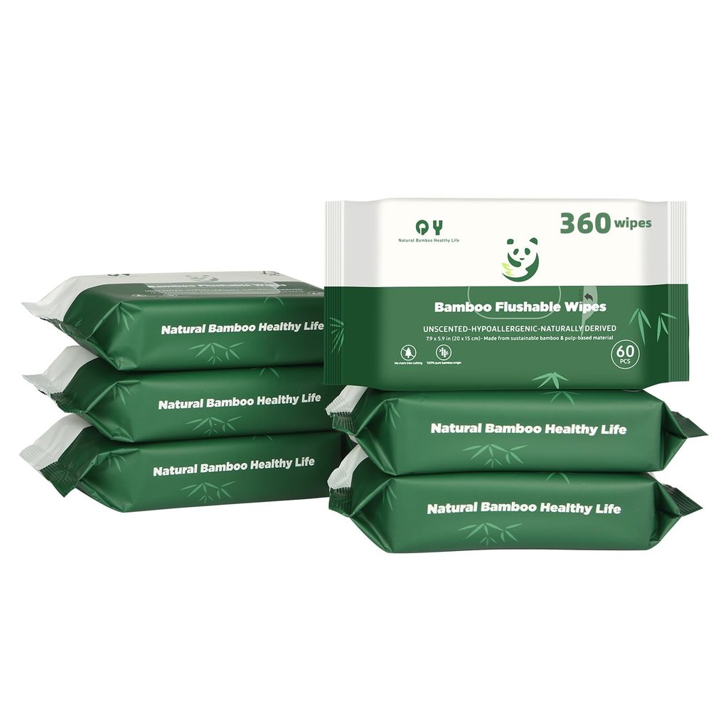 QingYa Bamboo Flushable Wipes,Septic Safe,Soft, Soothing Botanicals & Aloe, Unscented,Eco Friendly, Natural Brown Bamboo-Pulp Based Flusable Wipes for Women/kids/Adults 360Count (6 Packs of 60)