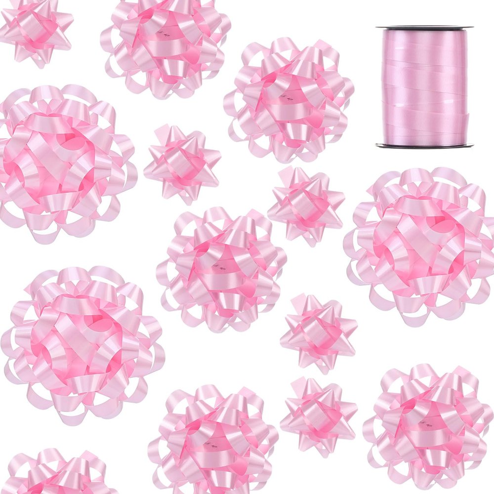 25 Pcs Gift Bows Assortment - 3 Size Gift Bowsand 1 Crimped Curling Ribbons, Perfect for Christmas, HolidayBirthdays, Weddings, Baby/Bridal Showers, Party (Pink)