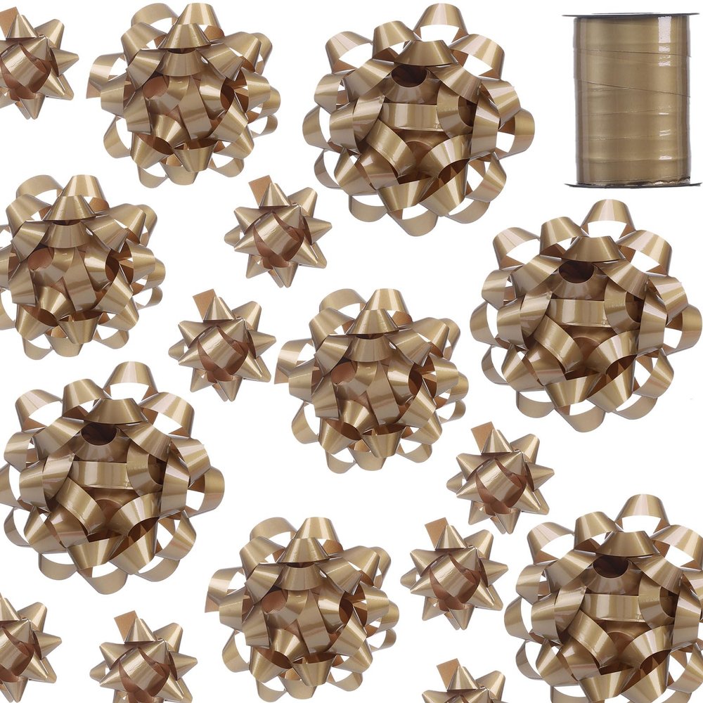 25 Pcs Gift Bows Assortment - 3 Size Gift Bowsand 1 Crimped Curling Ribbons, Perfect for Christmas, HolidayBirthdays, Weddings, Baby/Bridal Showers, Party (Golden)
