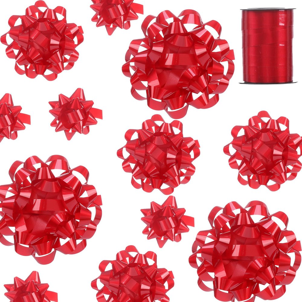 25 Pcs Gift Bows Assortment - 3 Size Gift Bowsand 1 Crimped Curling Ribbons, Perfect for Christmas, HolidayBirthdays, Weddings, Baby/Bridal Showers, Party (Red)