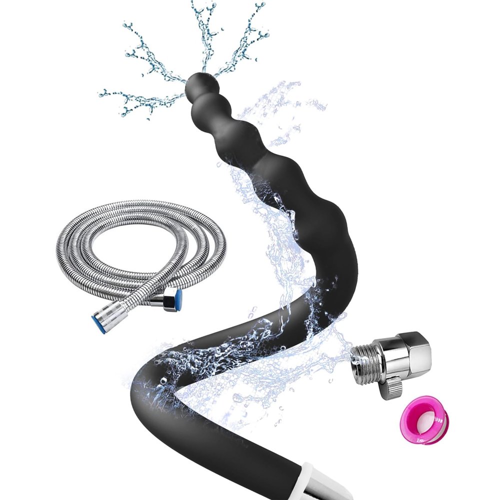 JIELUO Shower Enema Douche Nozzles , 4 Holes Water Spray Comfortable Silicone Nozzles Enema Attachment, Reusable Shower Enema Hose with on/off control valve and shower hose, Black